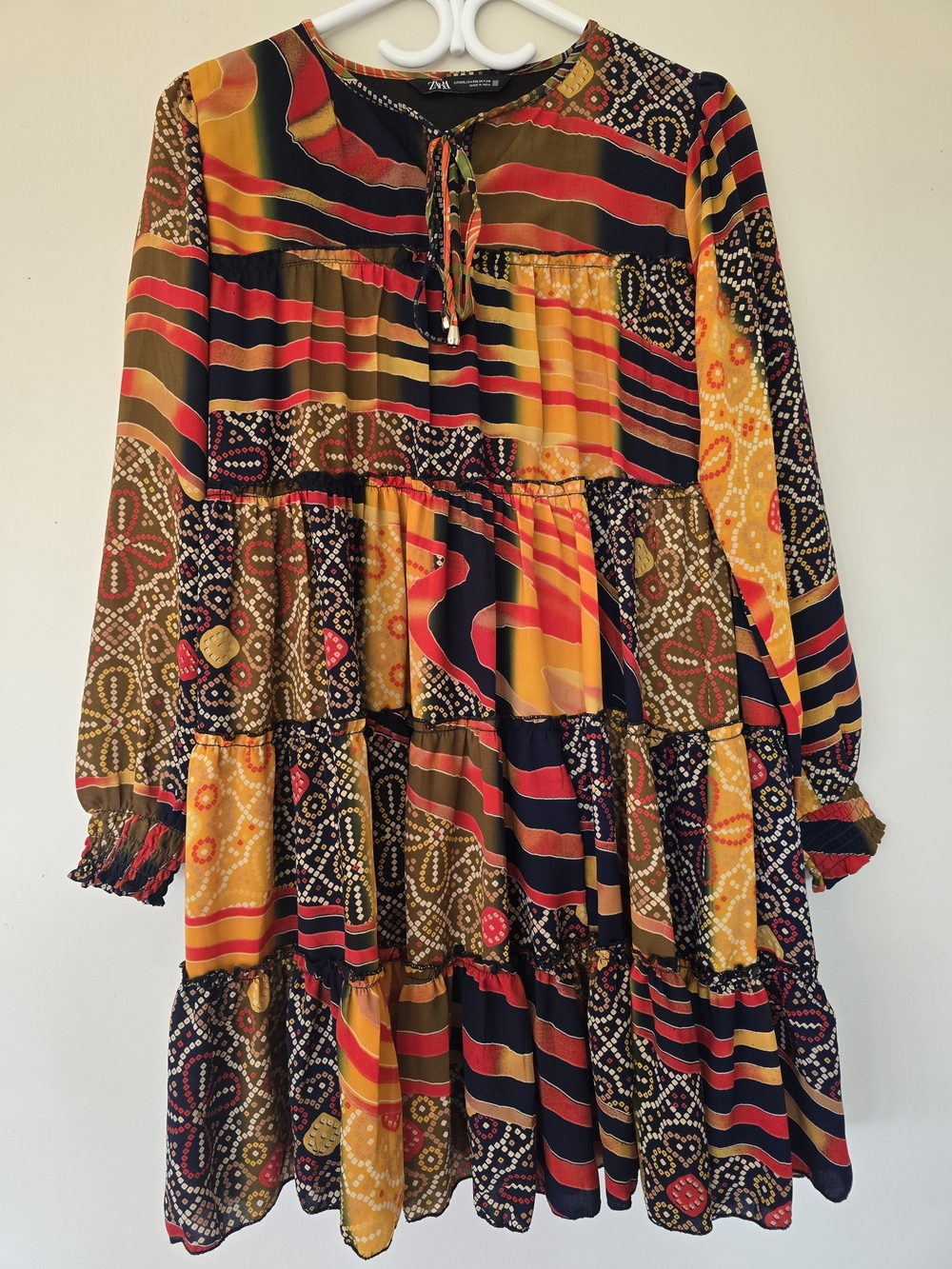 Zara Multicolor Tiered Long-Sleeve Dress Semi Sheer/lined. Boho. XXL